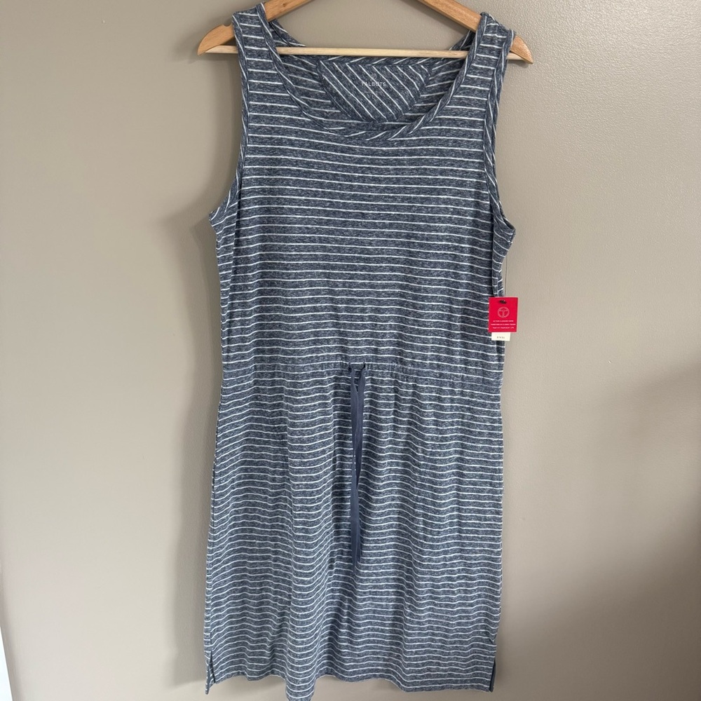 T by TALBOTS Sleeveless Grey White Striped Dress Drawstring Tie Waist Pockets L